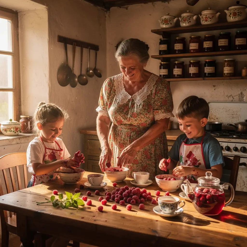 Friss, erdei bogyók gyűjtése a vidéki tájban, napfényben ragyogó gyümölcsökkel.
