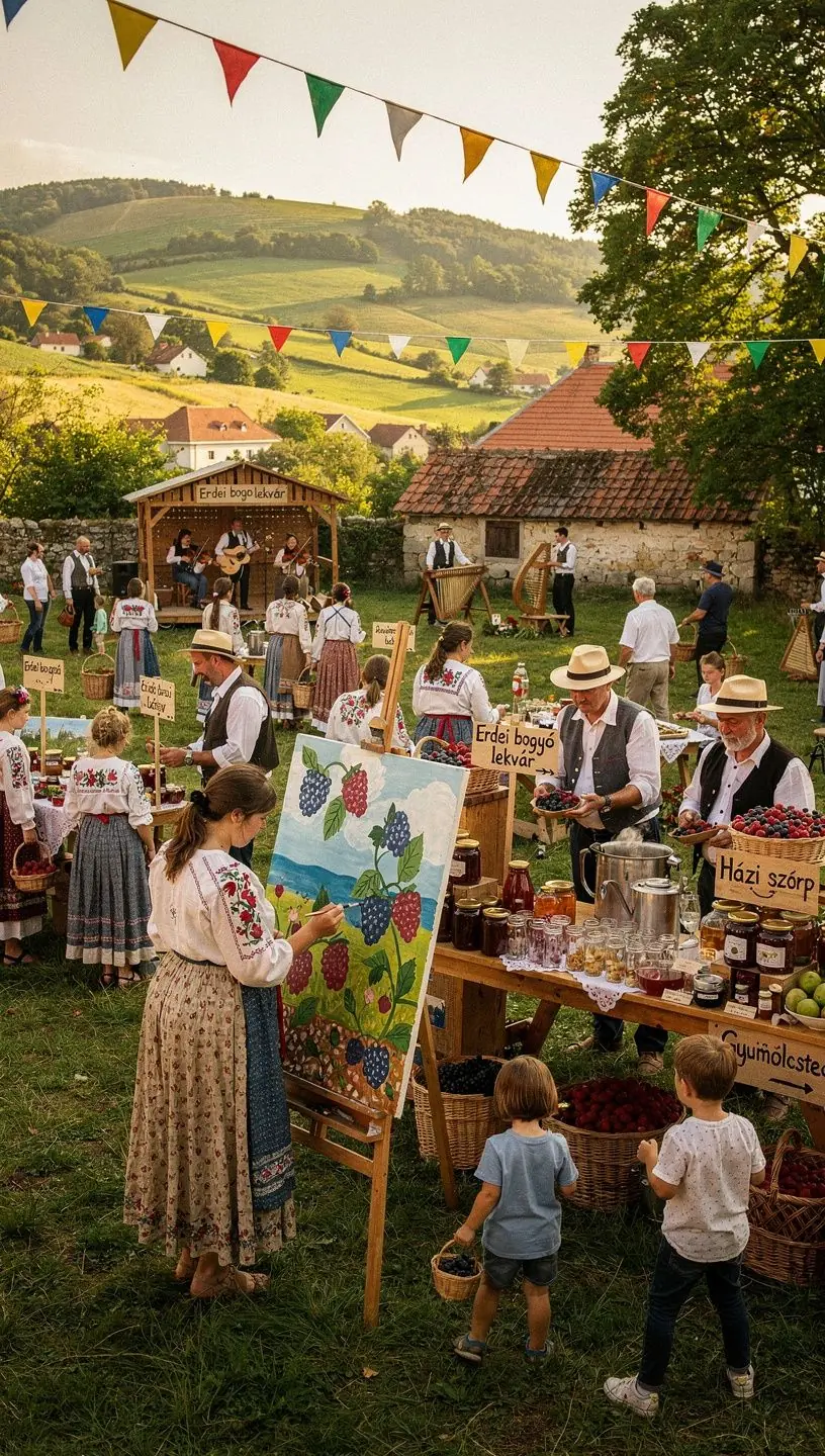 Vidéki gyümölcsös, tele érett bogyós gyümölcsökkel, készen a szüretelésre.