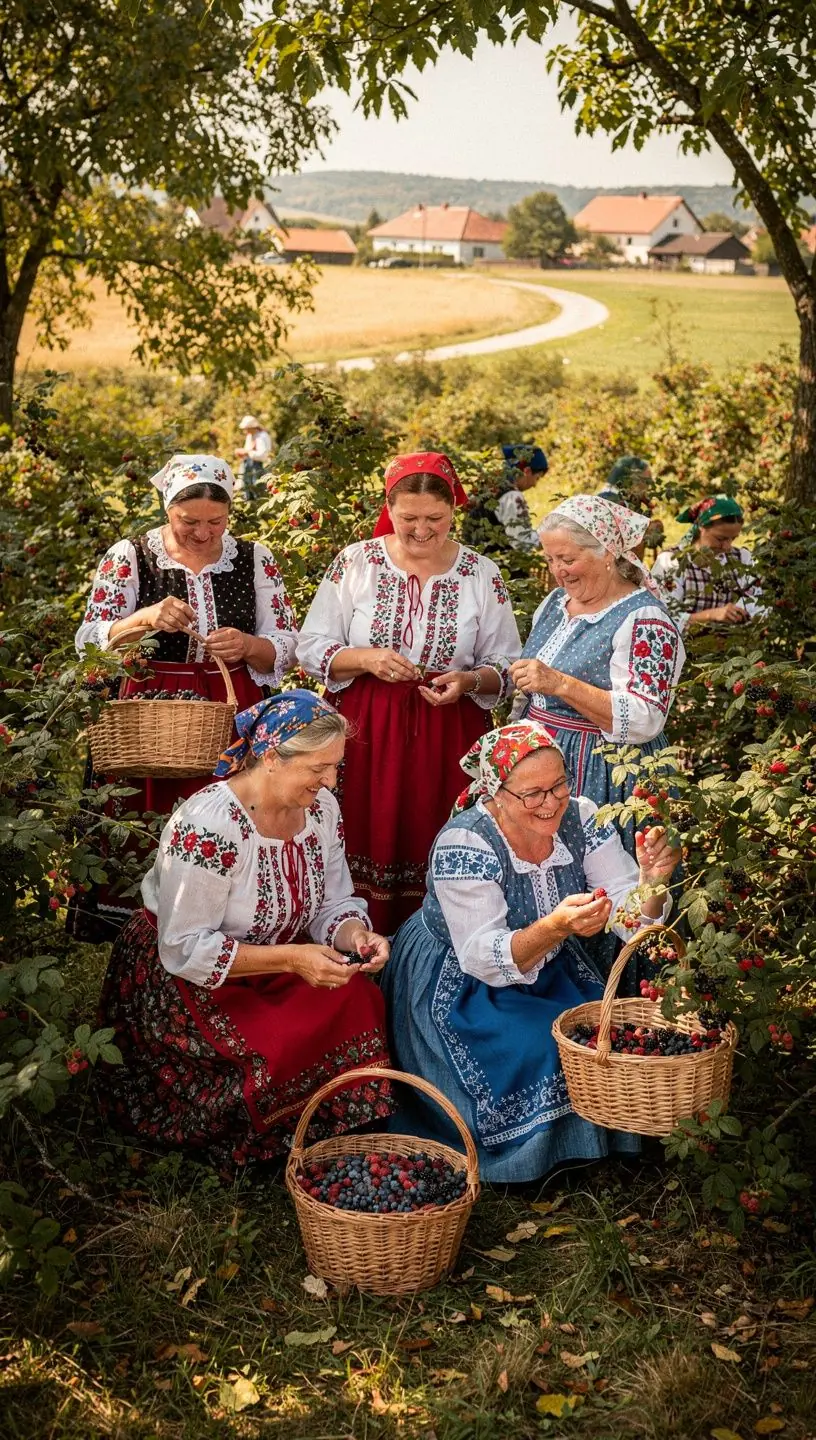 Egy csésze vadon gyűjtött bogyós gyümölcsökből készült tea, környezetbarát csomagolásban.