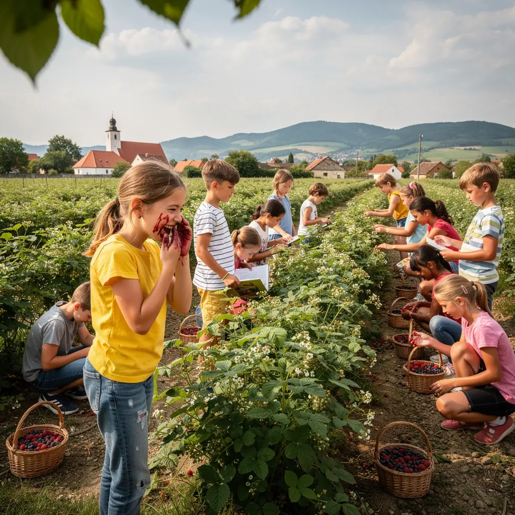 Gyönyörű vidéki táj, ahol a gyümölcsök a napfényben érnek.