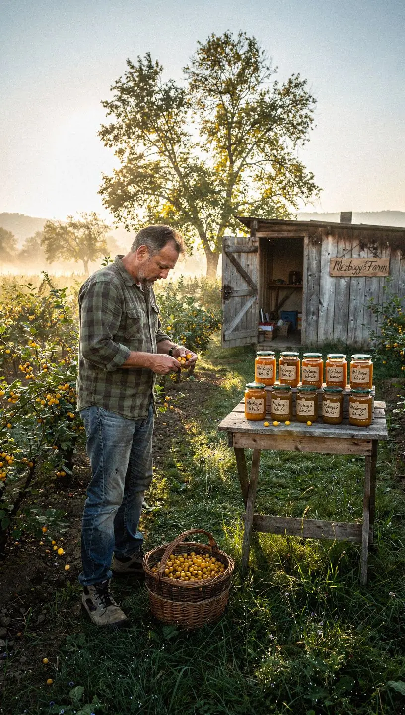 Vadon termett bogyós gyümölcsökből készült tea, élénk színekkel teli tájképen.