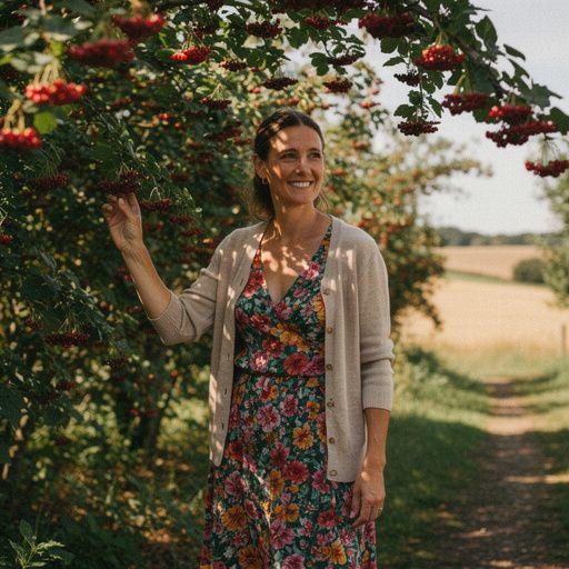 A vidéki táj gyümölcsösének élénk színei a friss tea körül.